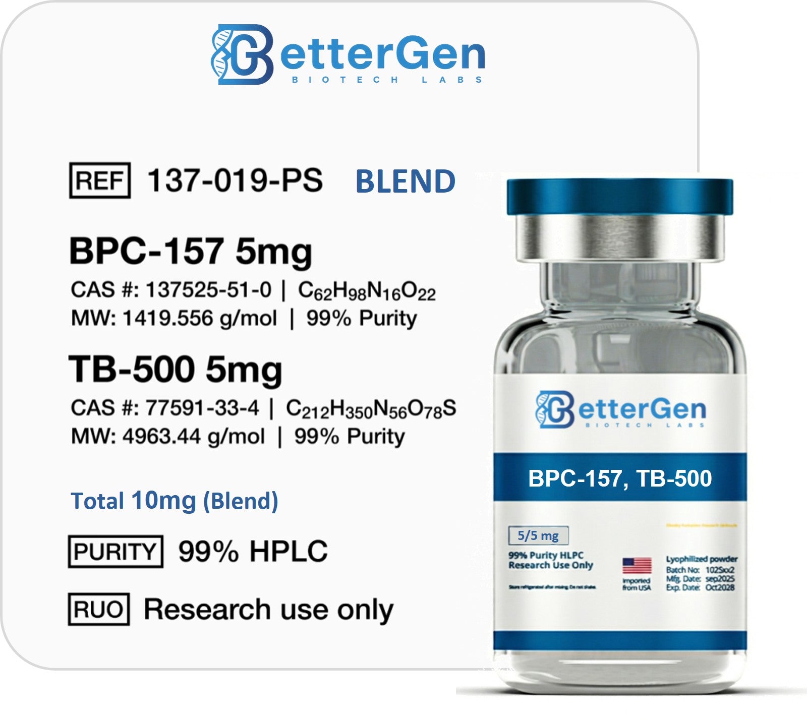 BPC-157, TB-500 (Blend) — ≥99% purity, Lyophilized Powder