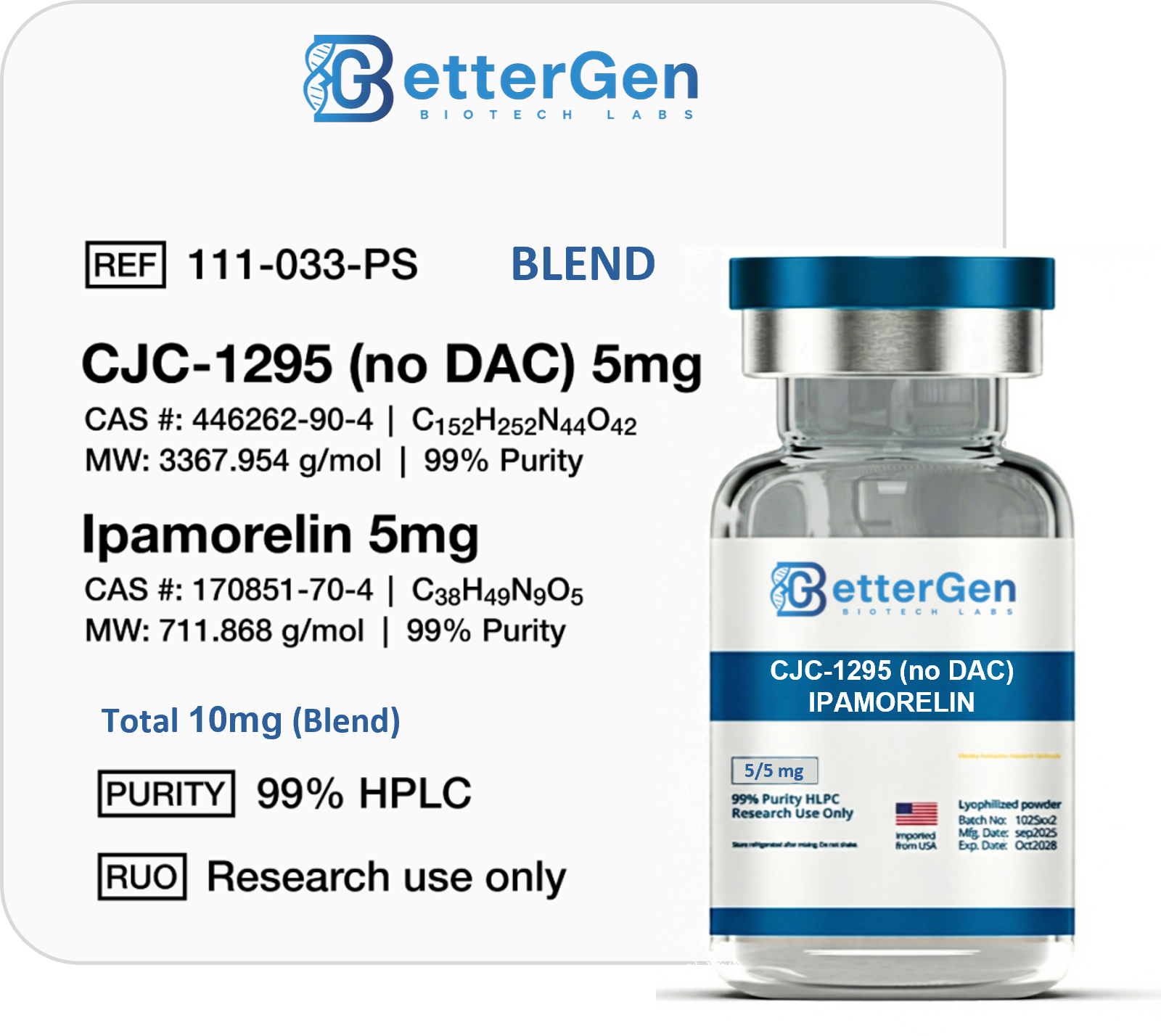 CJC-1295 (no DAC), Ipamorelin 10mg (Blend) — ≥99% purity, Lyophilized Powder