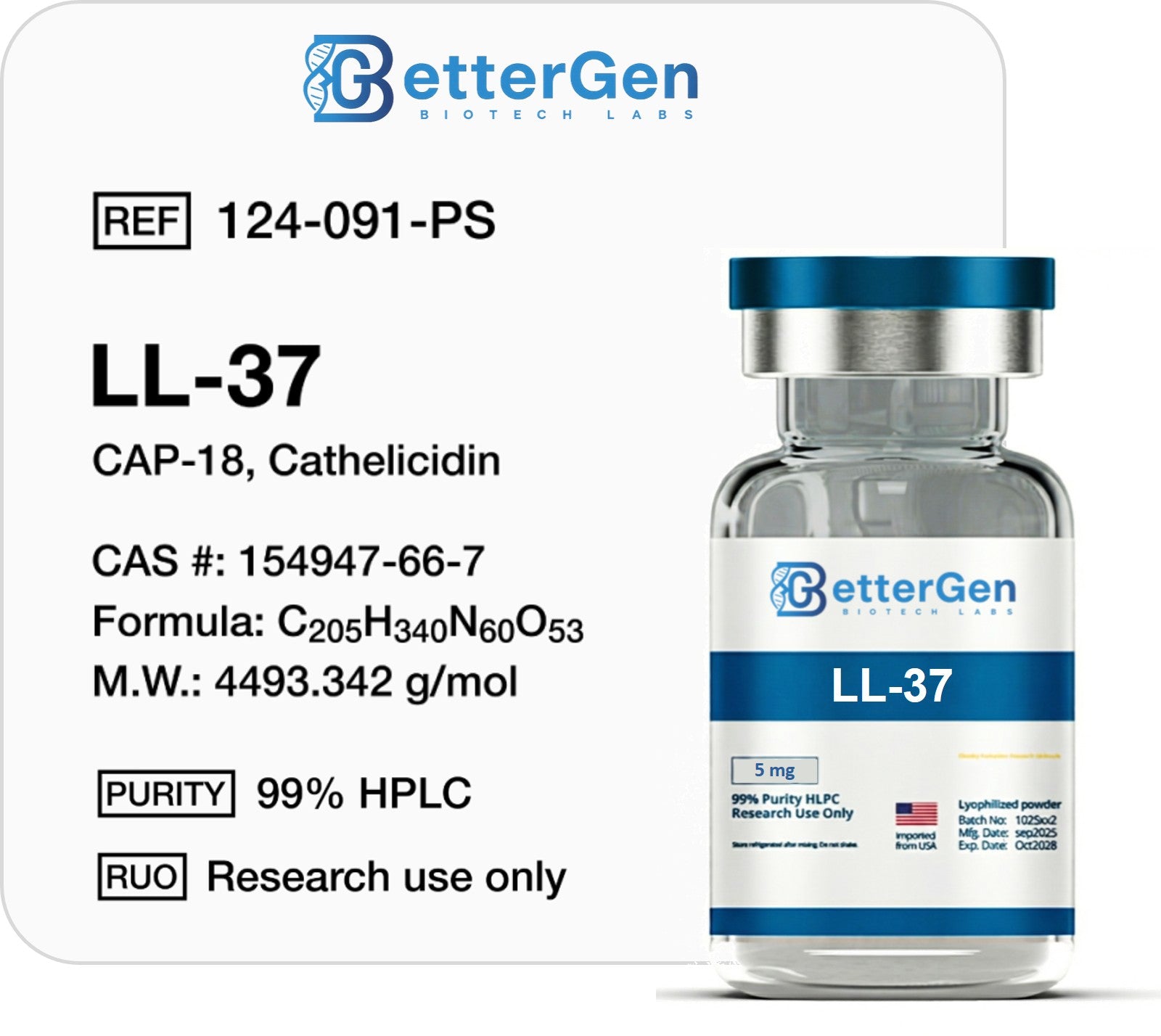 LL-37 5mg (CAP-18) — ≥99% purity, Lyophilized Powder