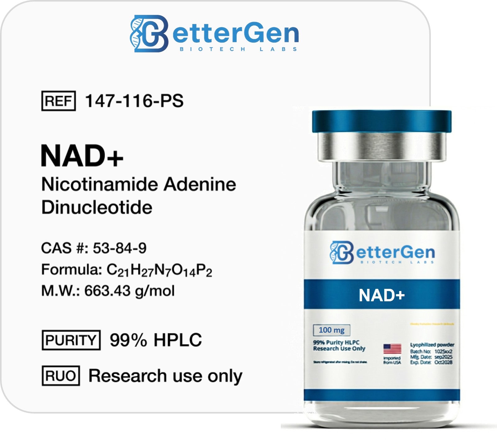 NAD+ 100mg — ≥99% purity, Lyophilized Powder