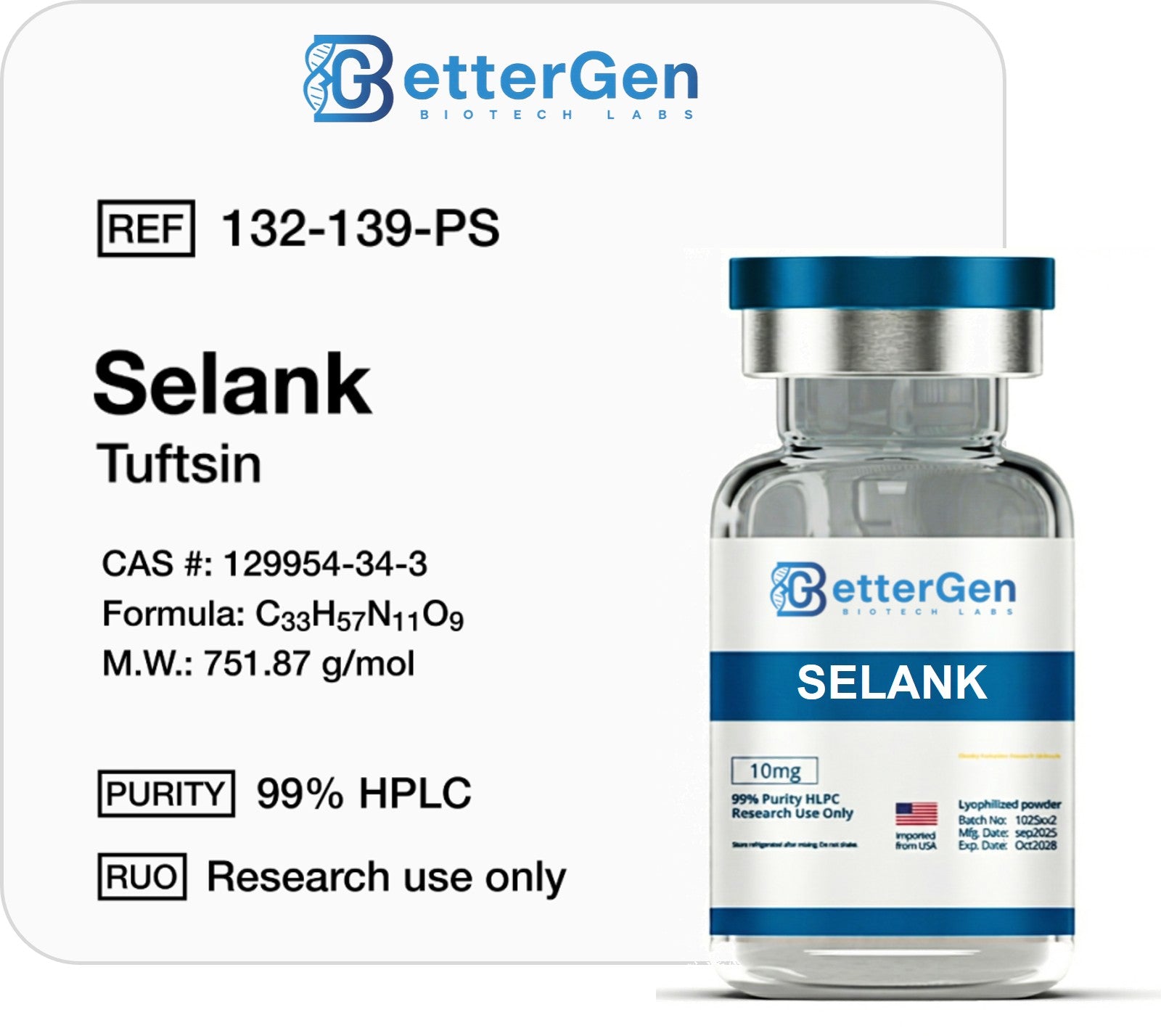 Selank 10mg — ≥99% purity, Lyophilized Powder