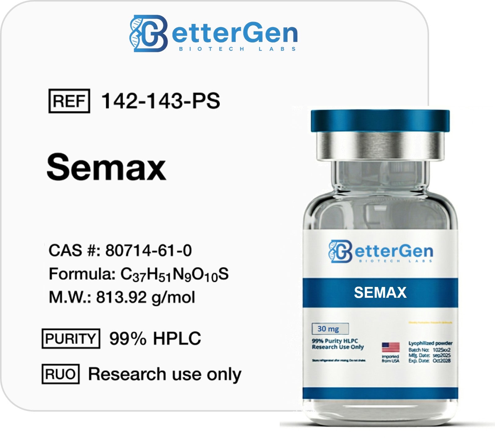 Semax 30mg — ≥99% purity, Lyophilized Powder