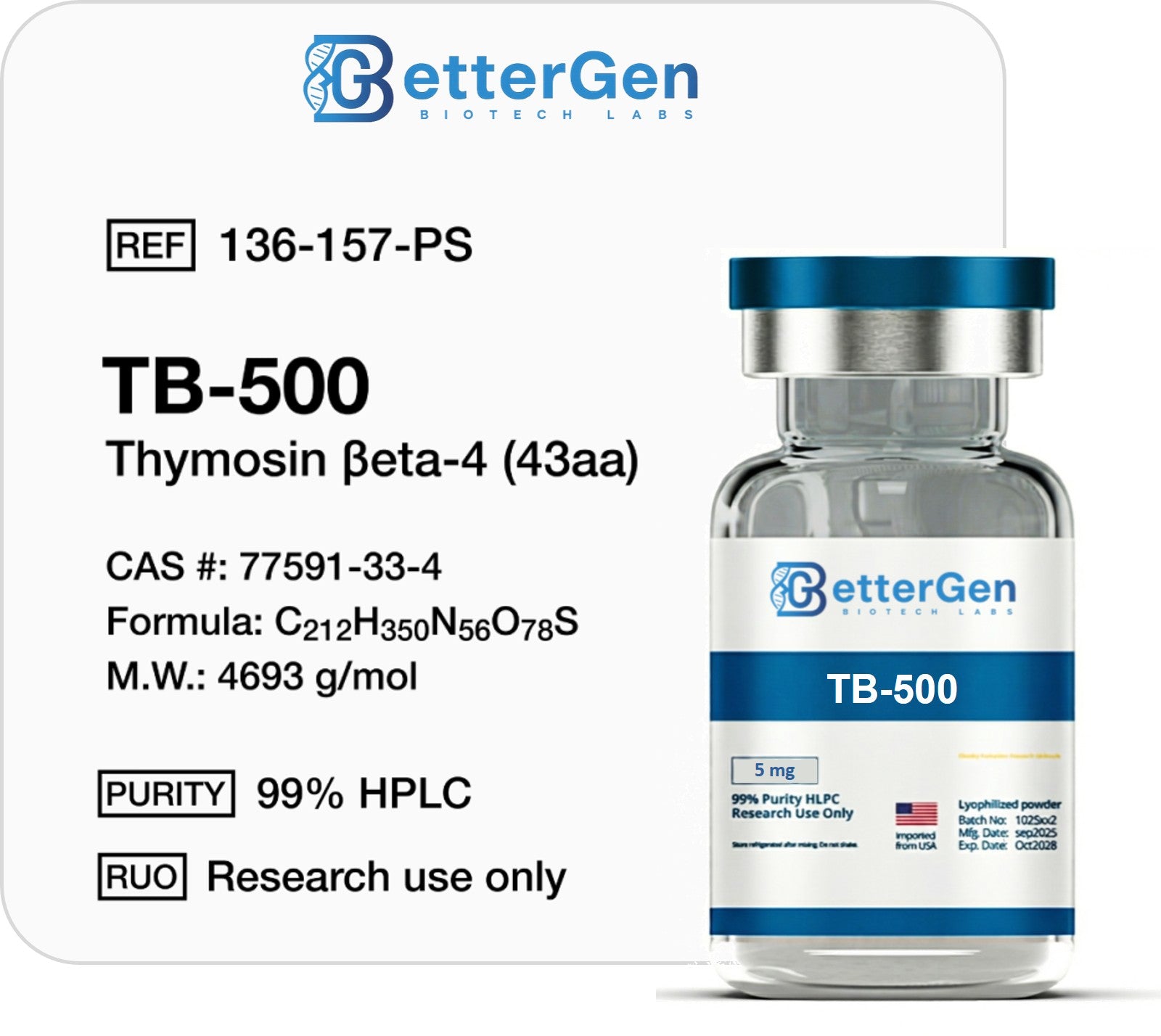 TB-500 (Thymosin Beta-4) (43aa) — ≥99% purity, Lyophilized Powder