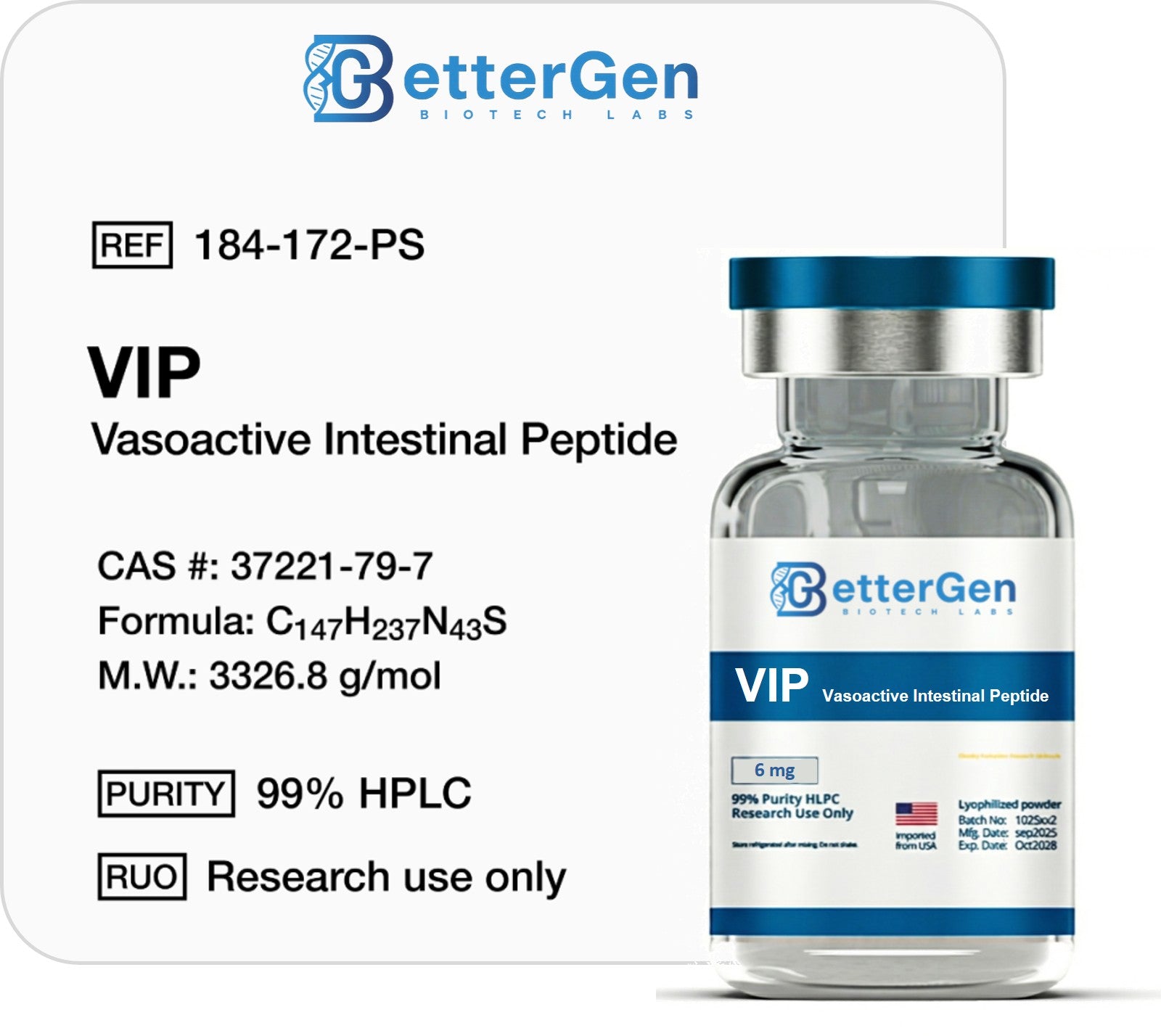 VIP 6mg — ≥99% purity, Lyophilized Powder